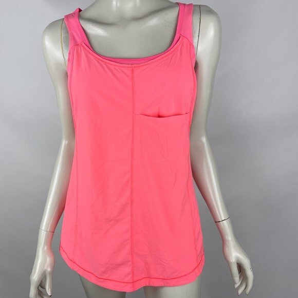 Lululemon Run For Your Money Tank Top‎ Women 6 Built in Bra Pocket Coral Neon - Picture 2 of 11